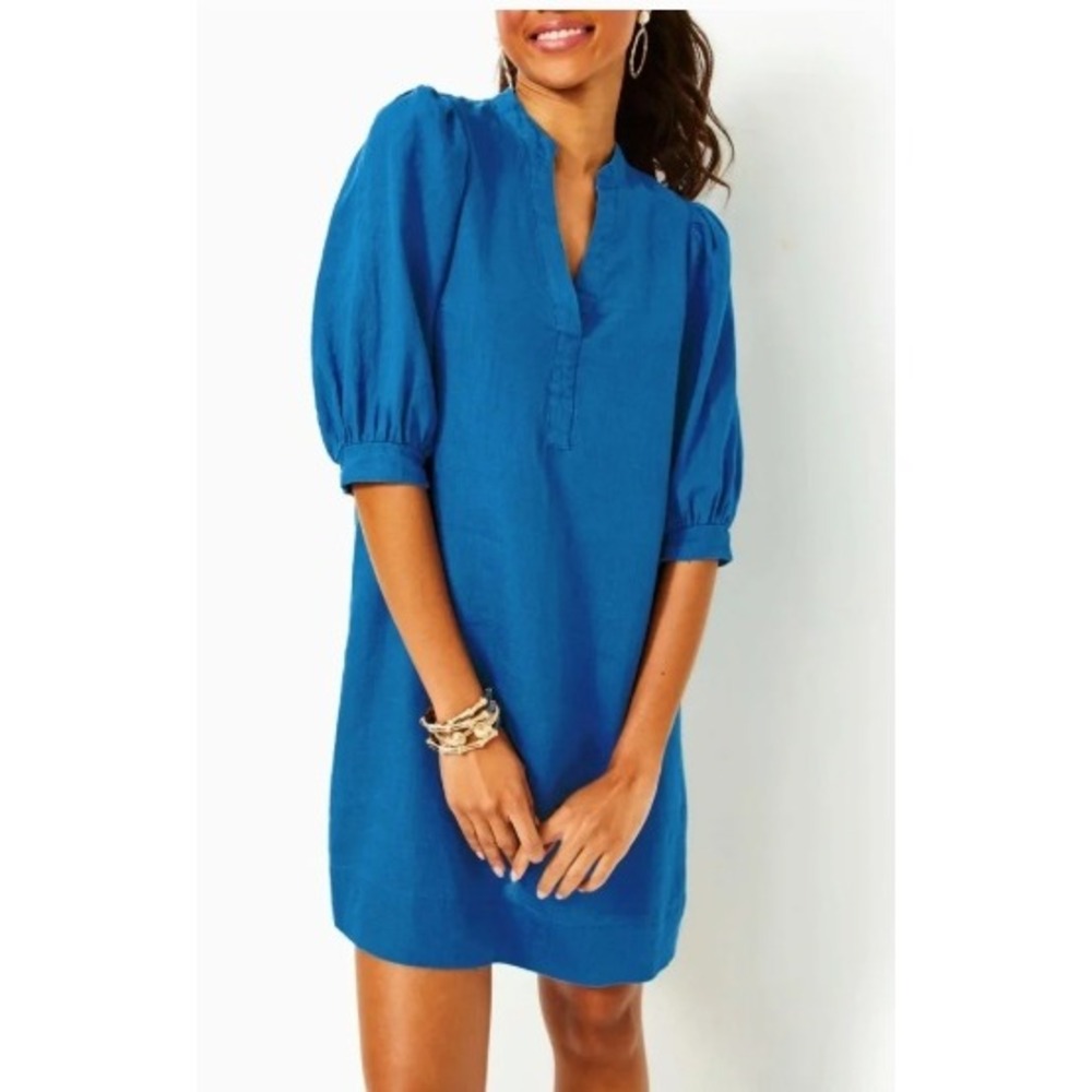 Lilly Pulitzer Shift Dress Womens 2 Blue 100% Linen Puff Sleeve Split Neck